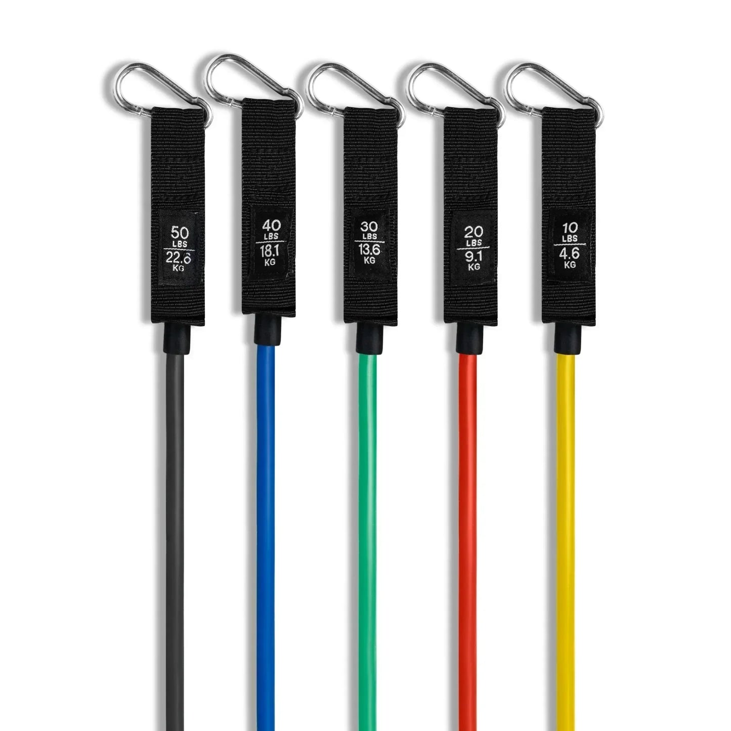 Set of five resistance bands in different colors with labeled weights from 10 to 50 lbs