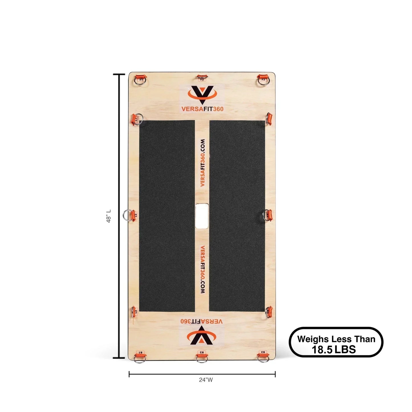 VersaFit 360 wooden workout board 48x24 inches with black grip pads and orange metal anchors